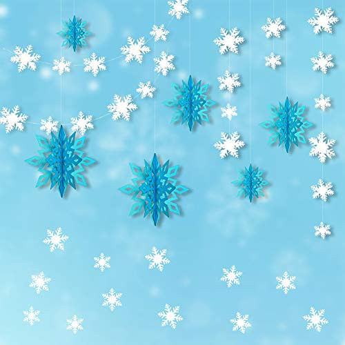 Frozen Themed Party Decorations 3D White Snowflake Garland   Big 3D Hanging Snowflake Decorations   Snowflake Wall Sticker Value Kit for Christmas Birthday Event Home Decorations  Ice Blue