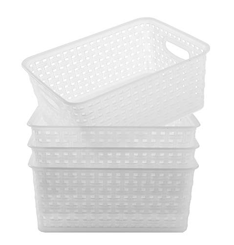 ZHENFAN Plastic Clear Storage Basket 4 Pack Durable Clear Weave Baskets Set of 4 Desktop Plastic Basket Bin Stacking Plastic Basket Organizer