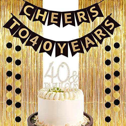 Blooming Party 40th Birthday Decorations for Women Men   40th Anniversary Party Supplies cheers to 40 years banner garland set gold 40 fabulous rhinestone cake topper gold foil fringe curtains backdrop