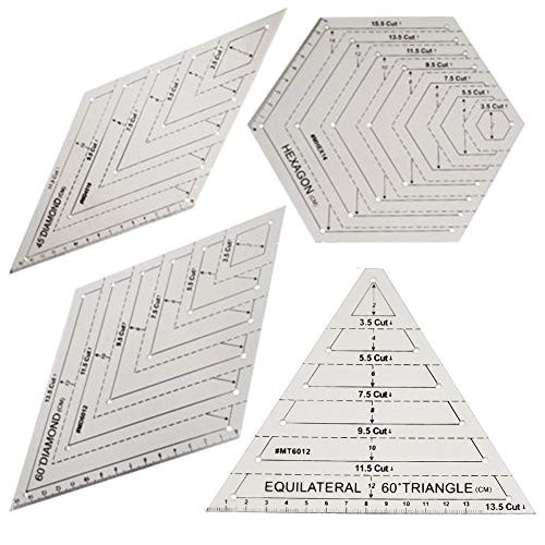 4Pcs Quilting Ruler with 60 Degree Triangle and Diamond 45 Degree Diamond Hexagon Shape Templates Transparent Patchwork Sewing Cutting Craft Ruler DIY Tools