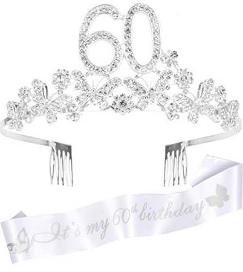 60th Birthday Decorations Party Supplies 60th Birthday Gifts Silver 60th Birthday Tiara and Sash 60th White Satin Sash Its my 60th Birthday 60th Birthday Party Supplies and Decorations Happy 60t