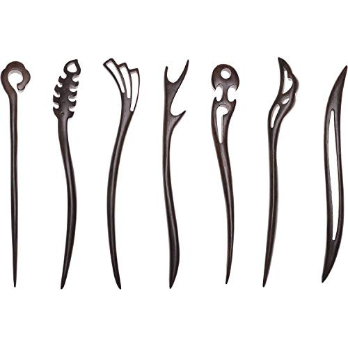 7 Pack Vintage Retro Handmade Ancient Chinese Japanese Brown Wood Chopsticks Hair Pins Picks Wooden Sandalwood Carved Long Horn Fork Pen Hairpins Hair Sticks Clips Barrettes for Bun Chignon Bulk