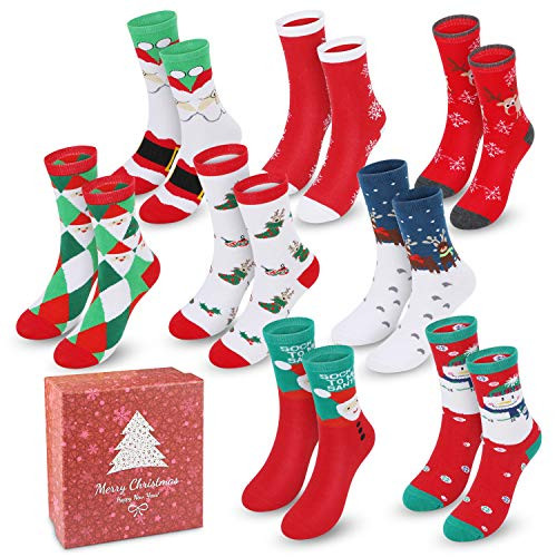 8 Pairs Christmas Holiday Socks Set Slipper Socks Cotton Knit Crew Xmas Socks With Gift Box for Women Girls Novelty Christmas Gifts