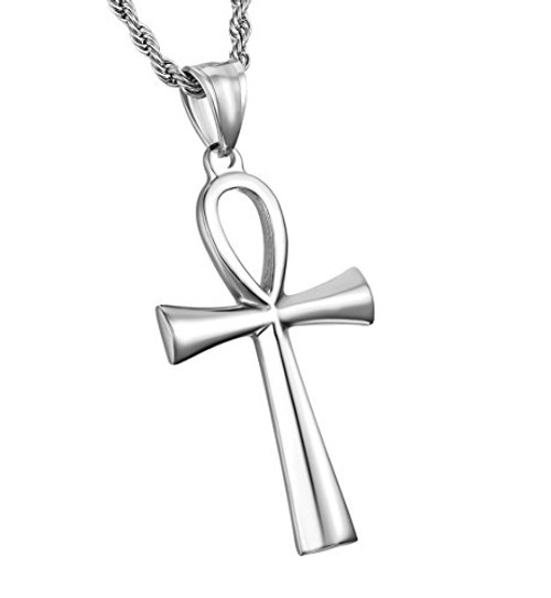HZMAN Men s Gold Stainless Steel Coptic Ankh Cross Religious Pendant Necklace 22 2  Rope Chain  Silver HZMAN Men s Gold Stainless Steel Coptic Ankh Cross Religious Pendant Necklace 22 2  Rope Chain  Silver