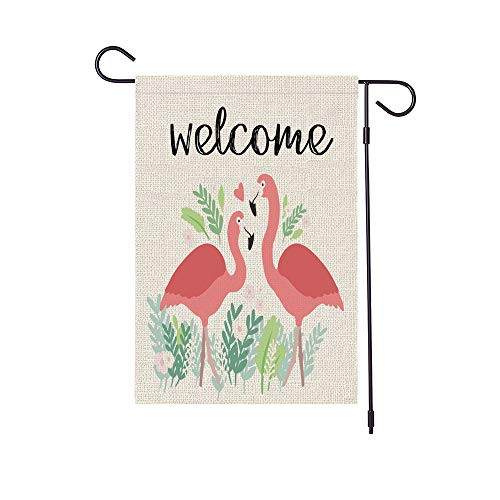 HABILY Pink Flamingo Garden Flag Vertical Double Sided Burlap Sweet Heart Yard Flags Welcome House Flag 125 x 18 Inch for Summer Spring Yard Outdoor Decor