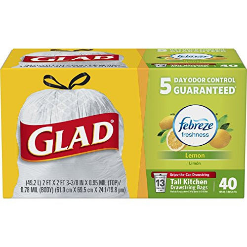 Glad OdorShield Tall Kitchen Drawstring Lemon Trash Bags, 13 Gallon, 40 Count (Packaging May Vary) Glad OdorShield Tall Kitchen Drawstring Lemon Trash Bags, 13 Gallon, 40 Count (Packaging May Vary)