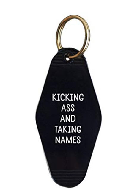 He Said She Said Kicking Ass And Taking Names Hotel Motel Style Keychain in Black and White Small He Said She Said Kicking Ass And Taking Names Hotel Motel Style Keychain in Black and White Small