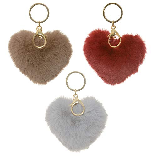 3 Pack Cute Novelty Heart Keychains Faux Fur Ball Pom Pom Key Chain Ring for Women Girls Bag Pendant  Red Gray Brown Heart