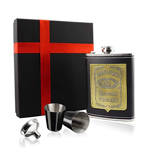 OneBom OneBom Pocket Flask Leather Hip Liquor Flask Set with Shot Glass   Funnel for Groomsmen Wine Lover s Gift Box  Black