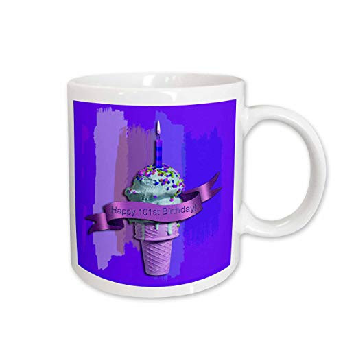3dRose Happy 101st Birthday Strawberry Ice Cream Cone on Abstract Purple Ceramic Mug 11 Ounce