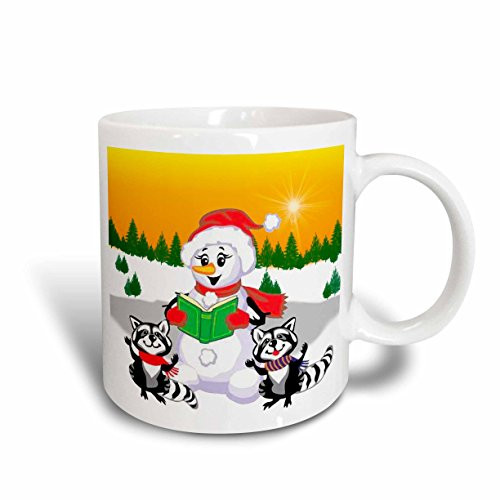 3dRose mug 58882 2 Raccoons and Snowman Singing Christmas Carols on a Winter Background Ceramic Mug 15 Ounce
