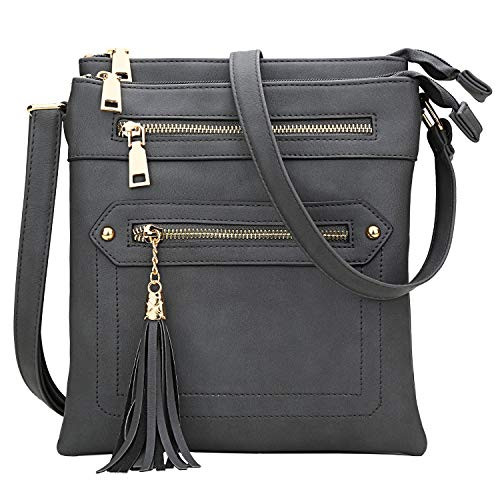 KKXIU Crossbody Handbags Purses Lightweight Medium Leather Multi Pockets Zipper Tassel Shoulder Bag For Women  grey