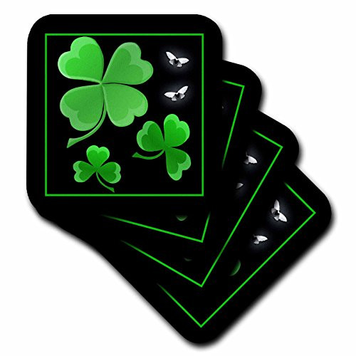 3dRose LLC A Pretty Shamrock Clover Design on A Dark Background with Little Silvery White Butterflies Ceramic Tile Coaster Set of 4