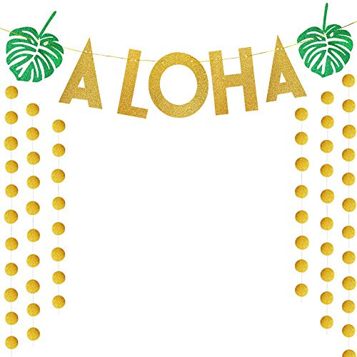 Luau Party Supplies Gold Glittery ALOHA With Circle Dots Garland For Tropical Hawaiian Beach Pool Summer Flamingo Party Decoration