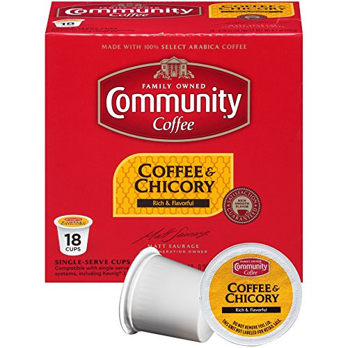 Community Coffee Coffee and Chicory, Medium-Dark Roast, 18 Count Single Serve Coffee Pods, Compatible with Keurig K-Cup Brewers