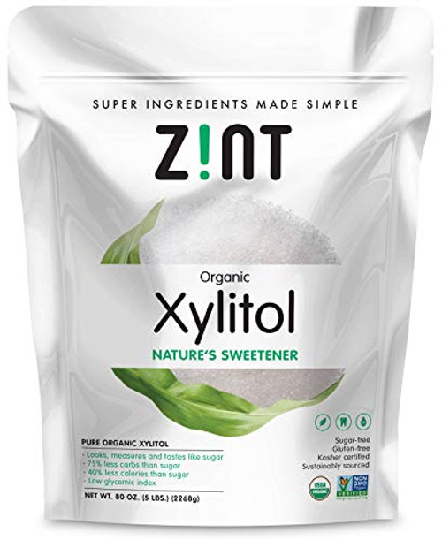 Zint Organic Xylitol Sweetener  5 lbs   USDA Certified Natural Sugar Free Substitute Non GMO Low Glycemic Index Measures   Tastes Like Sugar 80 Ounce