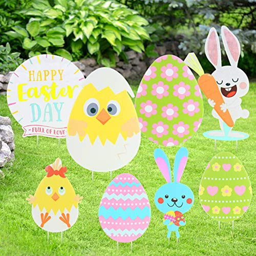 Koogel 8 Pcs Easter Yard Signs Rabbit Egg Yard Stake Signs Easter Decorations for Egg Hunting Party Easter Outdoor Lawn