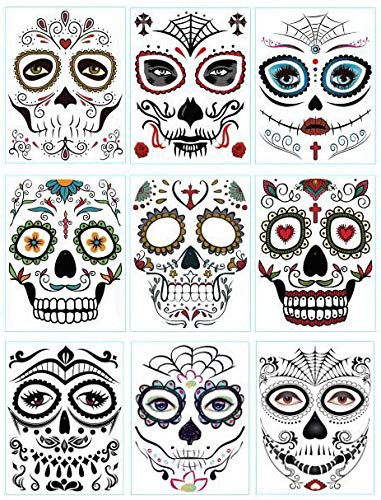 DaLin 9 Sheets Floral Day of the Dead Sugar Skull Temporary Face Tattoos for Halloween