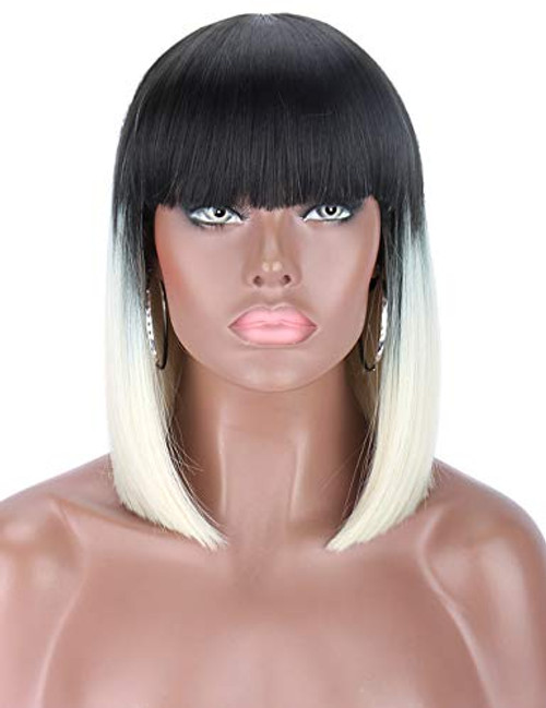 Kalyss Short Ombre Platinum Blonde 2 Tones Black to Blonde Bob Wigs with Hair Bangs Heat Resistant Yaki Synthetic Straight Hair Wigs for Women Kalyss Short Ombre Platinum Blonde 2 Tones Black to Blonde Bob Wigs with Hair Bangs Heat Resistant Yaki Synthetic Straight Hair Wigs for Women