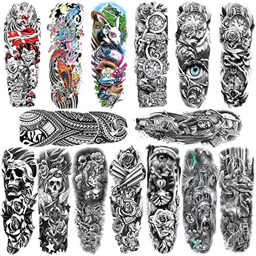 Konsait 15 Sheets Large Temporary Tattoos Full Arm Tattoo Sleeves Temporary Sleeve Tattoos Large Fake Body Art Arm Chest Shoulder Tattoo Black tattoo Body Stickers for Man Women