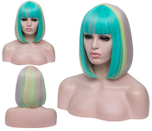 PATTNIUM Short Rainbow Straight Bob Wig with Bangs for Women Rose Net Synthetic Wig Cosplay Halloween Party Wigs Rainbow and Light Blue PATTNIUM Short Rainbow Straight Bob Wig with Bangs for Women Rose Net Synthetic Wig Cosplay Halloween Party Wigs Rainbow and Light Blue