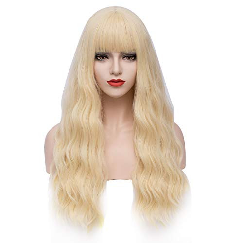 PATTNIUM 27 Inches Long Curly Wavy Blonde Wig with Bangs for Women Synthetic Wigs Halloween Cosplay Party Costume Wig Blonde PATTNIUM 27 Inches Long Curly Wavy Blonde Wig with Bangs for Women Synthetic Wigs Halloween Cosplay Party Costume Wig Blonde