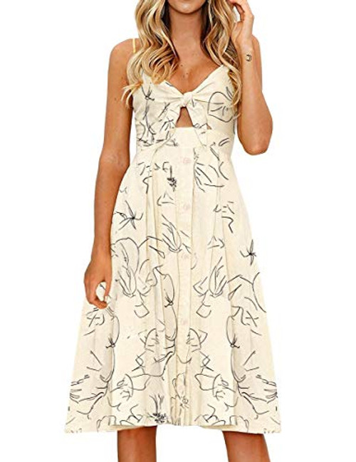 FANCYINN Womens Floral Prints Tie Front Button Down Spaghetti Strap Midi Dress Apricot L