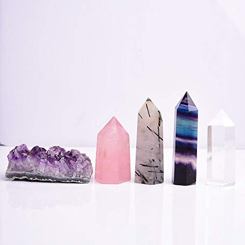 Runyangshi Natural Healing Crystals Gift Kit Including Amethyst Cluster Rainbow Fluorite Black Quartz Rutilated Clear Quartz Rose Quartz Crystal Wands Points Tower  Set of 5