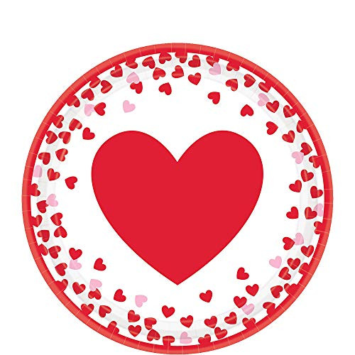 Amscan 541707 Confetti Hearts Round Plates Party Supplies 7 inches Red, White and Pink