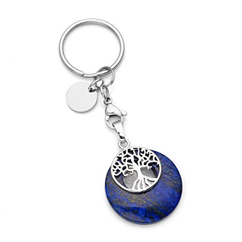 CrystalTears Tree of Life Silver Charms Keychain Lapis Lazuli Healing Crystal Chakra Pendant for Womens Mens