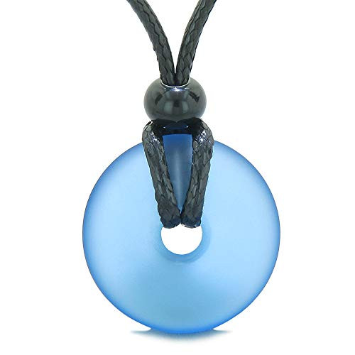 Lucky Coin Shaped Donut Frosted Sea Glass Cloud Blue Protection Life Powers Amulet Adjustable Necklace