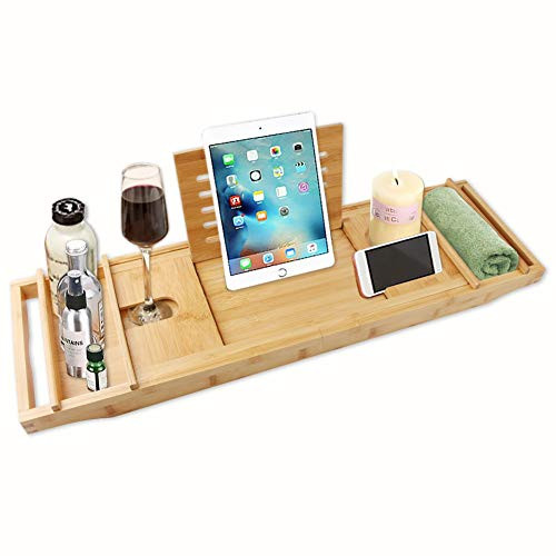 Bellameri Bamboo Bathtub Tray Premium Wooden Bathtub Caddy Tray with Expandable Cellphone Tablet Wine Holder Luxury Tub Accessory Bath Tray