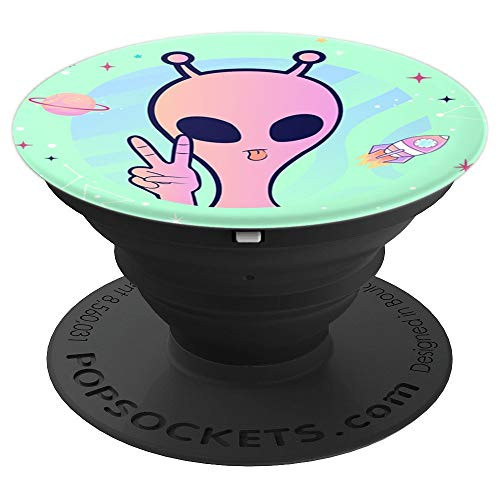 Peace Sign Hand Planet Stars UFO Cool Trippy Gift Pink Alien PopSockets Grip and Stand for Phones and Tablets