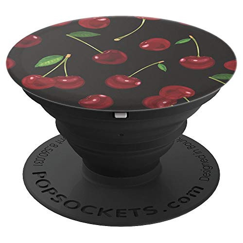 Cherry Bomb   Red cherries on black print PopSockets Grip and Stand for Phones and Tablets