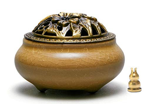 avena Incense Burner Ceramic Cone/Coil Incense Holder Ash Catcher Tray Bowl with Brass Calabash Incense Holder Cracked Glaze(Yellow)