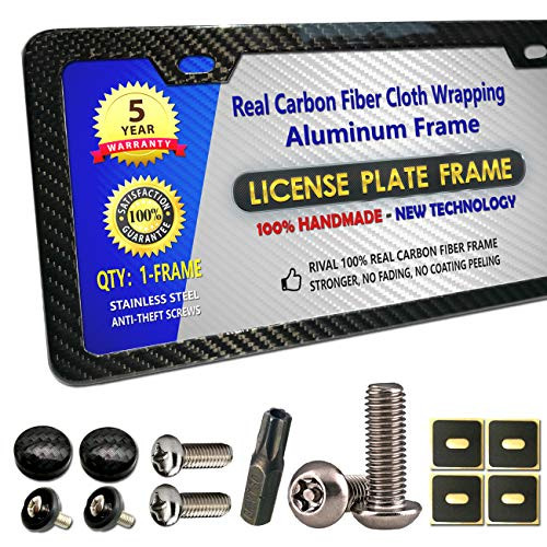 License Plate Frame Carbon Fiber   Aluminum License Plate Frames Handmade Covering 100  Real Carbon Fiber   Stainless Steel Tamper Proof License Plate Screws   CF Screw Cover   Black Slim Frame Qty 1