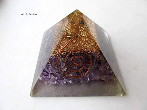 Arts of creation Amythest Orgone Orgonite Pyramid Includes 4 Crystal Quartz Energy Points EMF Protection Meditation Yoga Energy Birthday Gift Home Decor Wedding Gift Christmas Diwali Gift