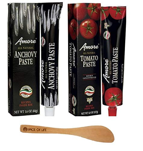 Amore Italian Tomato Paste and Anchovy Paste   1 Tube of each   with Spice of Life Mini Bamboo Spatula