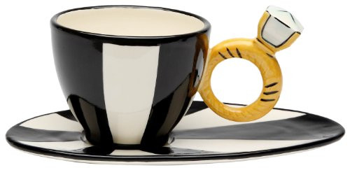 Appletree Design Black and White Cup and Saucer Featuring Ring Holder 3 1 4 Inch 8 1 8 Inch Long