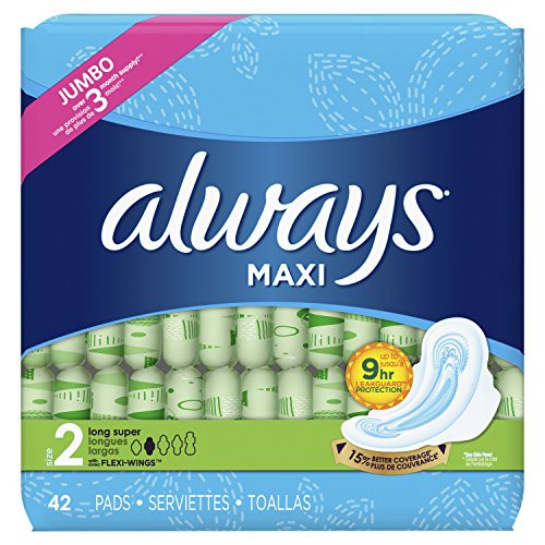 Always Maxi Size 2 Feminine Pads with Wings Super Absorbency Unscented 42 Count  Packaging May Vary