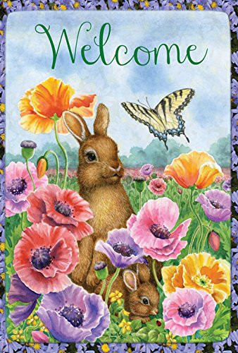 Toland Home Garden Bunny Poppies 125 x 18 Inch Decorative Spring Poppy Flower Easter Rabbit Welcome Garden Flag