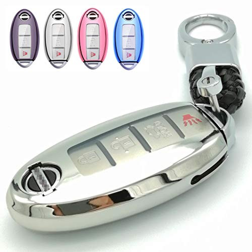 Cajek for Nissan Key Fob Cover TPU Skin Case Protector with Keychain Compatible with 2020 2019 2018 Nissan Altima Sentra Rogue Murano Maxima Versa Leaf Titan 3 4 5 Buttons Smart Key  Silver