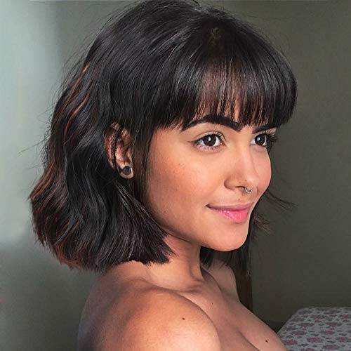 ENTRANCED STYLES Wavy Bob Wigs with Bangs for Women Black Mixed Brown Color Short Wavy Bob Curly Wig Synthetic Natural Looking Heat Resistant Fiber Hair ENTRANCED STYLES Wavy Bob Wigs with Bangs for Women Black Mixed Brown Color Short Wavy Bob Curly Wig Synthetic Natural Looking Heat Resistant Fiber Hair