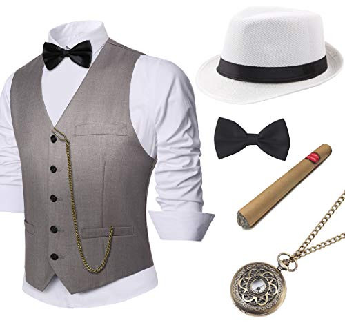 BABEYOND 1920s Mens Gatsby Gangster Vest Costume Accessories Set Fedora Hat  Gray X Large