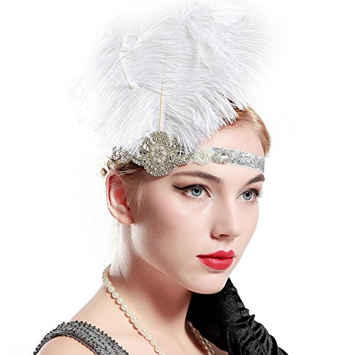 BABEYOND Vintage 1920s Flapper Headband Great Gatsby Headpiece Roaring 20s Feather Headband 1920s Great Gatsby Flapper Hair Accessories  White