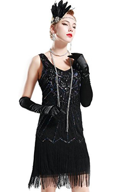 BABEYOND Women s Flapper Dresses 1920s V Neck Beaded Fringed Dress Great Gatsby Dress  Black XXXL