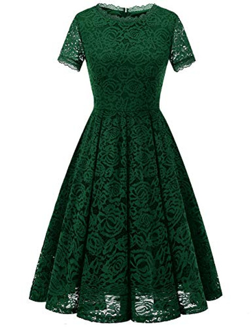 DRESSTELLS Women s Bridesmaid Elegant Tea Dress Floral Lace Cocktail Formal Swing Dress DarkGreen L