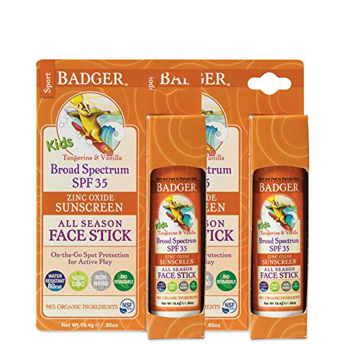 Badger   SPF 35 Zinc Kids Sunscreen Stick   Tangerine   Vanilla   Broad Spectrum Water Resistant Reef Safe Sunscreen Natural Mineral Sunscreen with Organic Ingredients 065 oz  2 Pack