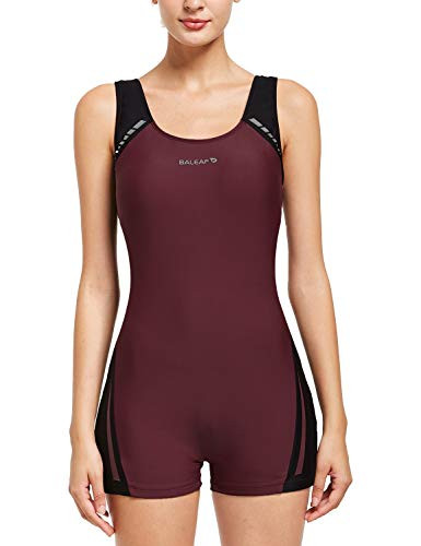 BALEAF Women s Boyleg Athletic One Piece Swimsuit Colorblock Sporty Bathing Suits Wine Black 44