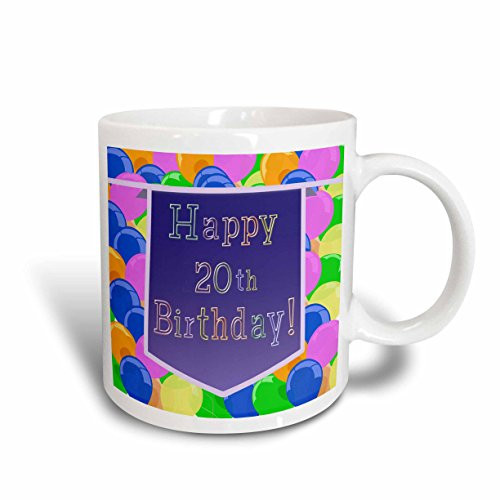 3dRose mug 173078 1 Balloons with Purple Banner Happy 20th Birthday Ceramic Mug 11 Ounce